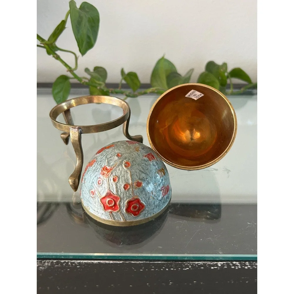 Floral Cloisonne Egg Trinket Box with Brass Stand